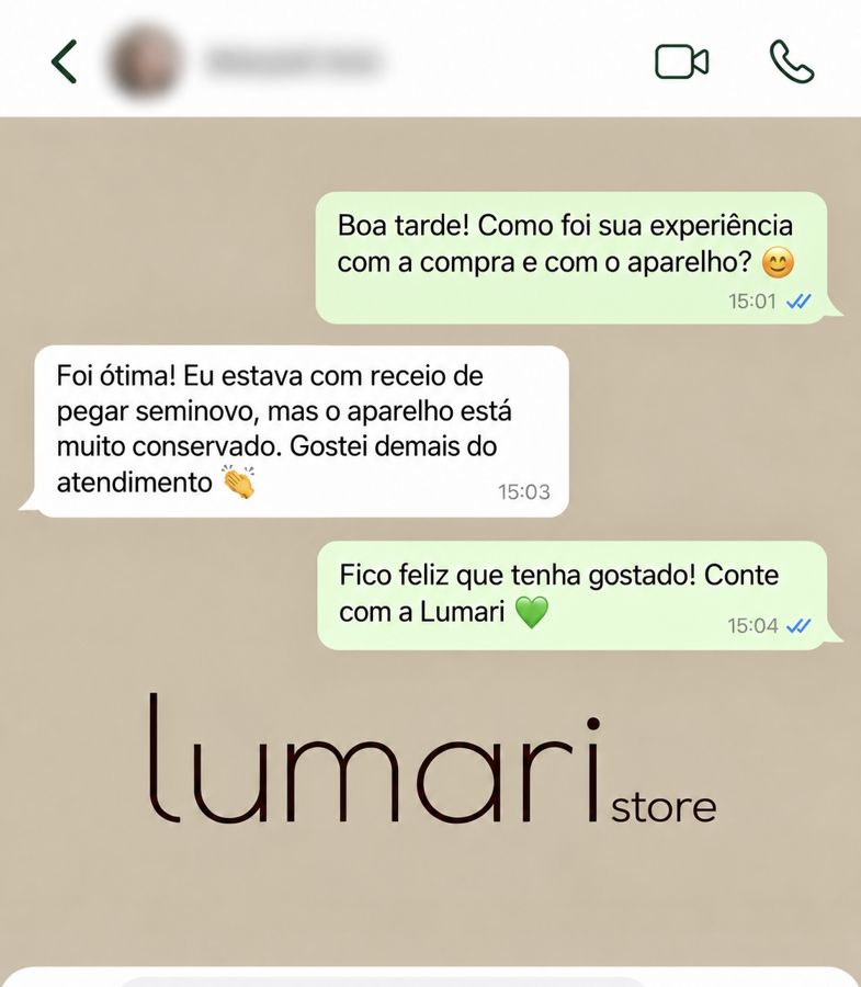 Print de conversa no WhatsApp com cliente: Foi ótima! Eu estava com receio de pegar seminovo, mas o aparelho está muito conservado. Gostei demais do atendimento.