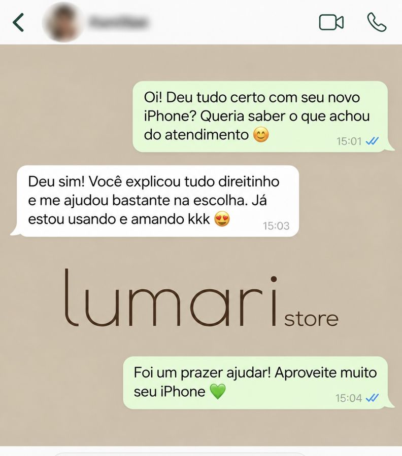 Print de conversa no WhatsApp com cliente: Deu sim! Você explicou tudo direitinho e me ajudou bastante na escolha. Já estou usando e amando.