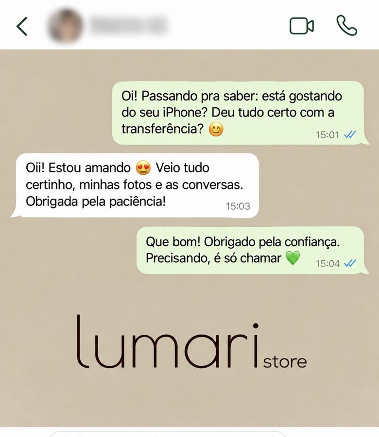 Print de conversa no WhatsApp com cliente: Estou amando. Veio tudo certinho, minhas fotos e as conversas. Obrigada pela paciência!